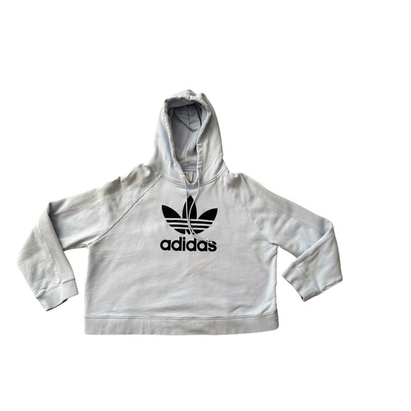 Adidas Cropped Hoodie Sweatshirt Women’s XL Lt Blue Trefoil Logo Black Velvet - Picture 10 of 14